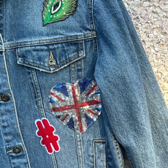 Embellished Denim Jacket with Sequin Patches - Picture 5 of 6